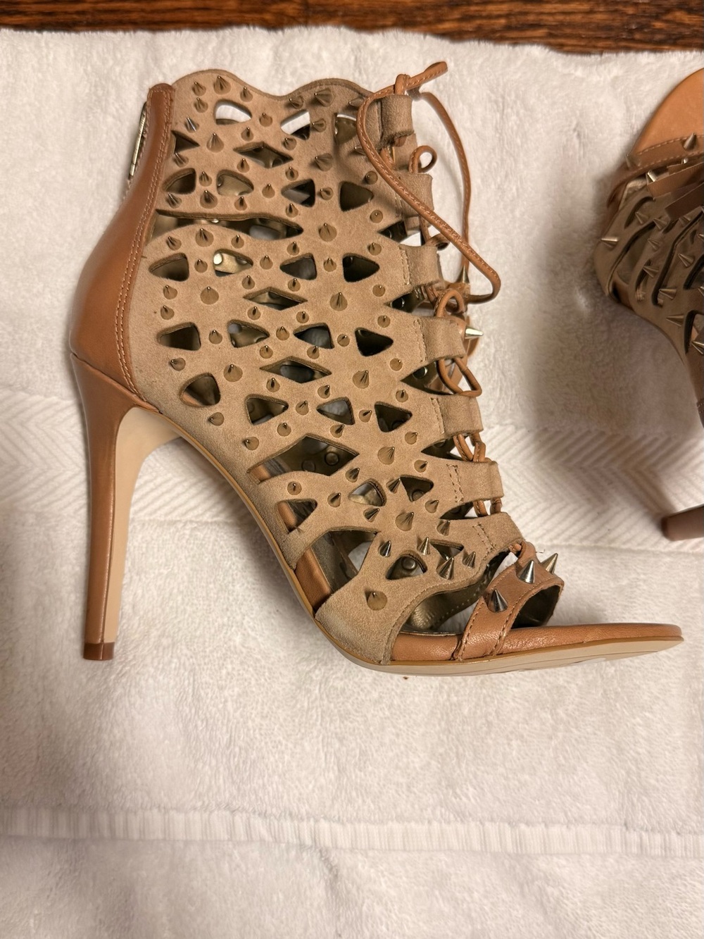 Sam Edelman Tan Studded Lace-Up Open-Toe Heels - Picture 6 of 8